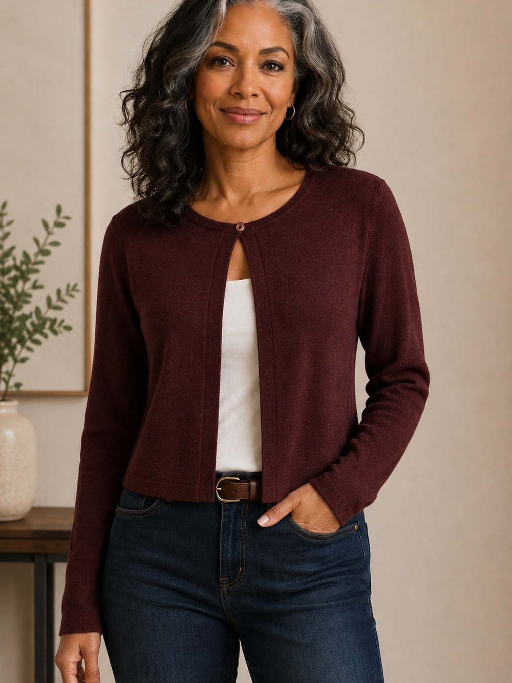 Eileen Fisher Maroon Single-Button Crewneck Cardigan L - Like New